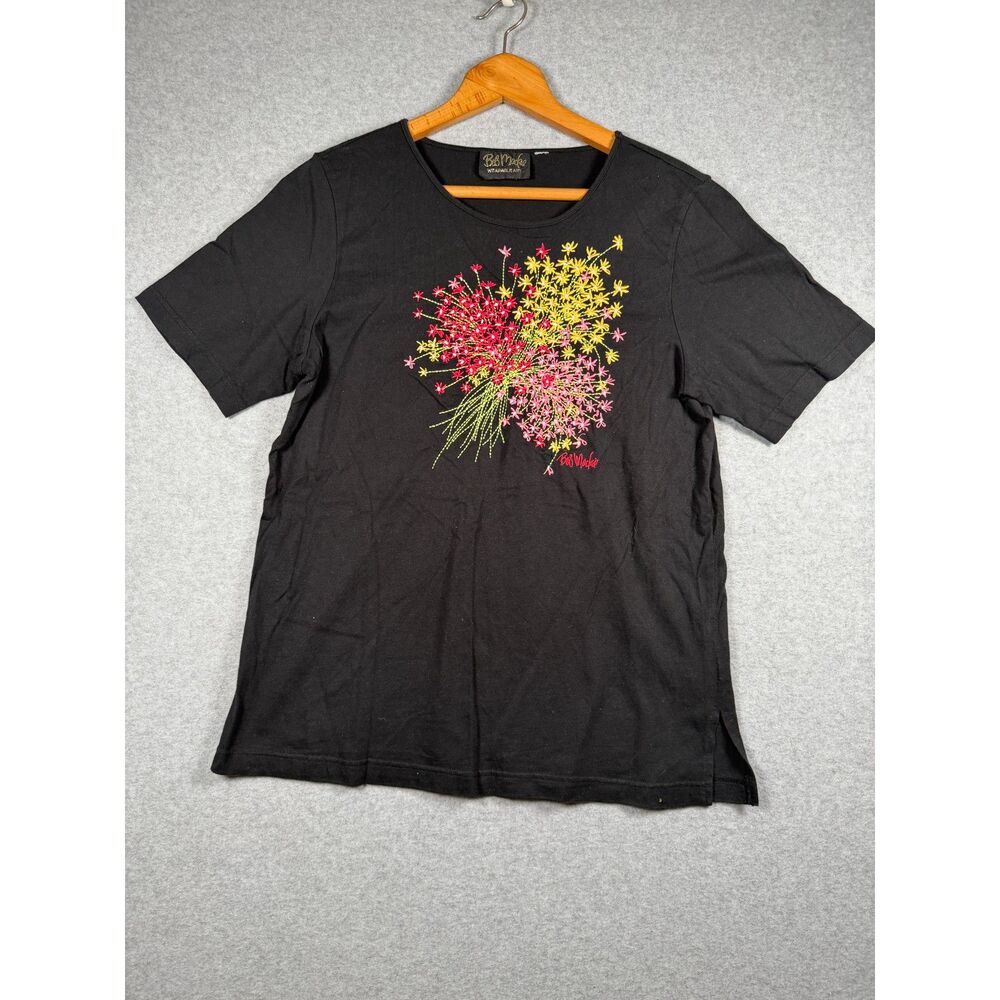 Bob Mackie Wearable Art Womens Large Black Floral Embroidered Top 3880